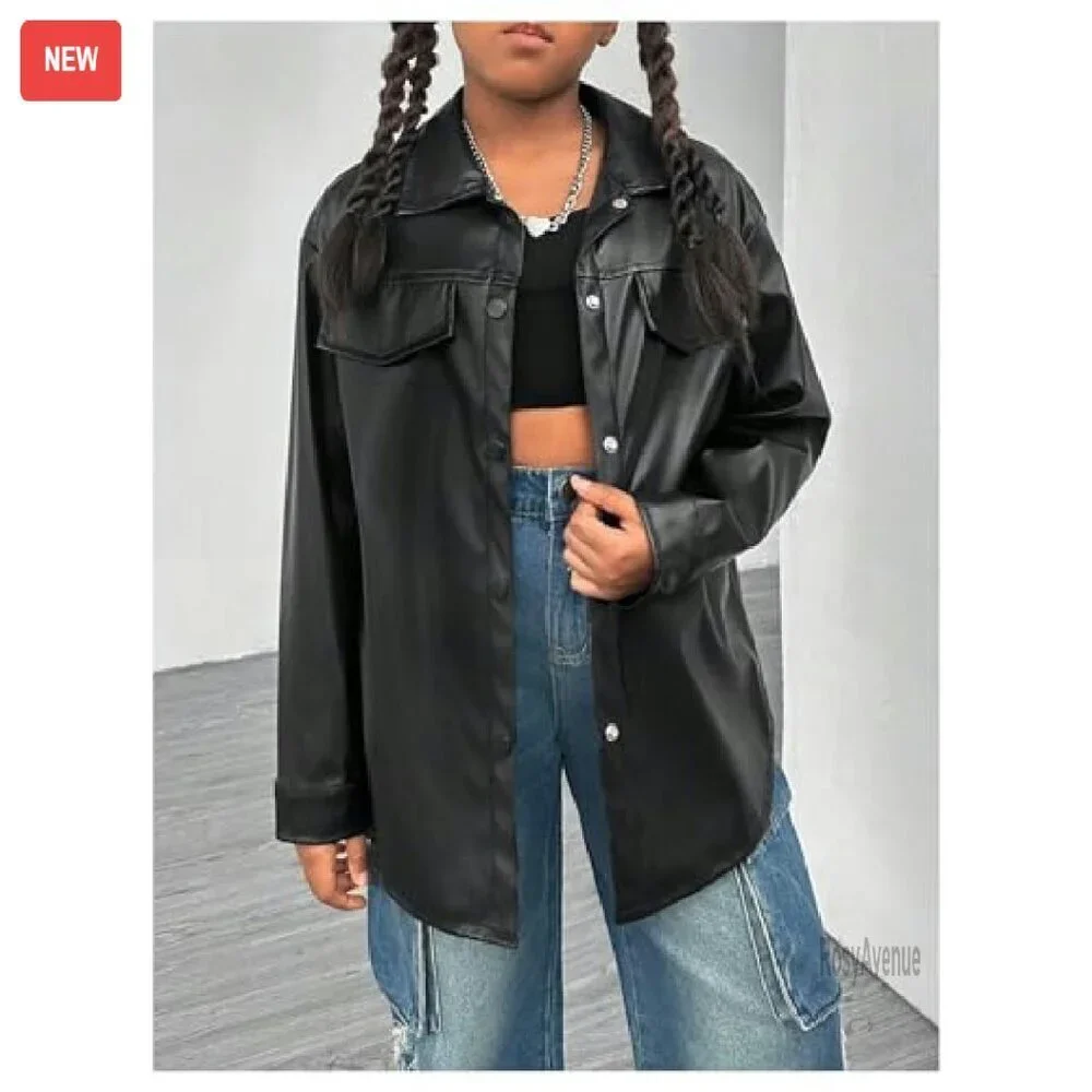 Girls Motorcycle Faux Leather Jacket Tie Belted Button Up Fall Coat